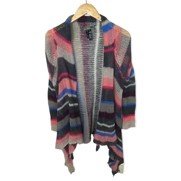 Love Stitch‎ Mohair Pink Grey Blue Striped Open Knit Cardigan Sweater Size Small - Picture 2 of 12